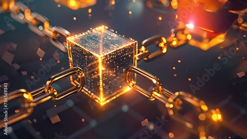 A shiny golden cube with metal chains wrapped tightly around it, creating an intriguing visual contrast, Digital blocks interlinked, symbolizing blockchain photo