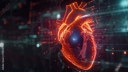 Computer Generated Video of a Human Heart in Cross-section Showing Detailed Anatomy and Blood Flow, Digital twin hologram of human heart beating photo