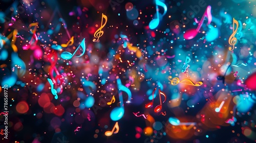 colorful vibrant musical notes, neon, bokeh