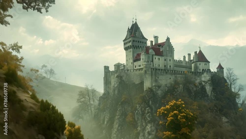 A stunning castle stands proudly atop a cliff, surrounded by a dense forest, providing a breathtaking view, Dracula's castle perched on a hill overlooking a desolate valley photo