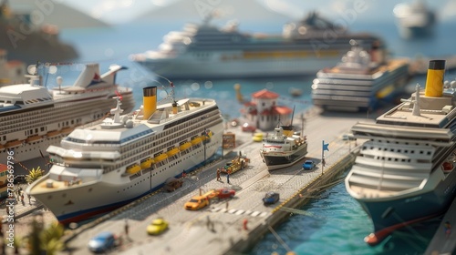 traffic jam of cruise ships inlcuding partial view of the port of a small cycladic island photo