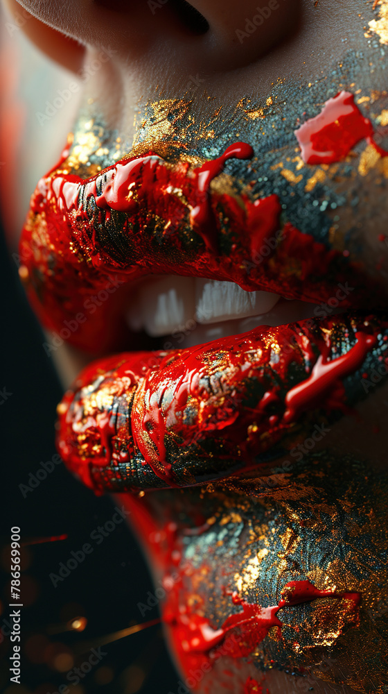 Naklejka premium Red and Gold Liquid Color Paint On Gorgeous Women Lips Background Blur
