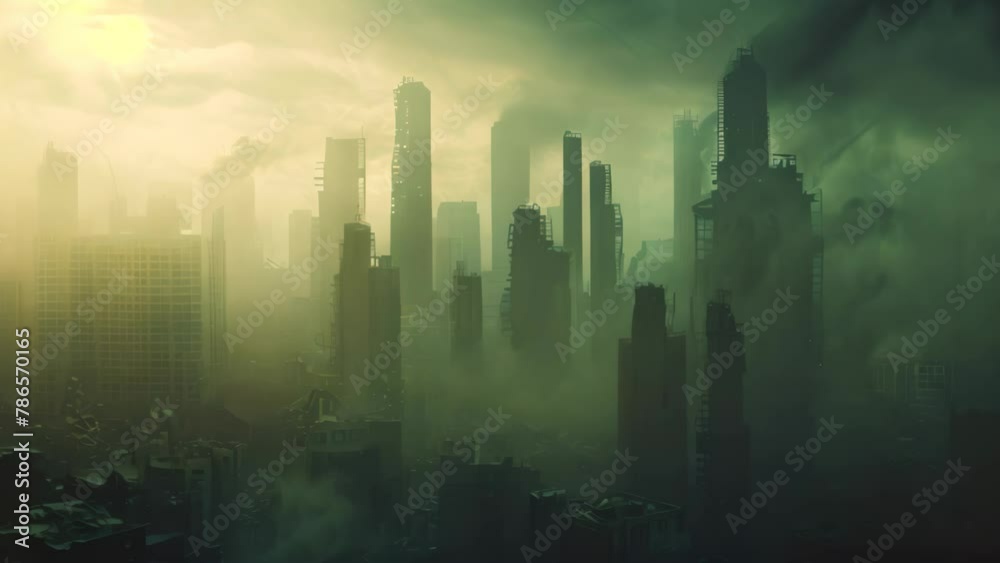 A cityscape emerges from a thick layer of fog, revealing towering skyscrapers in the midst of a misty sky, Dystopian cityscape after environmental collapse A cityscape emerges from a thick layer of fog, revealing towering skyscrapers in the midst of a misty sky, Dystopian cityscape after environmental collapse