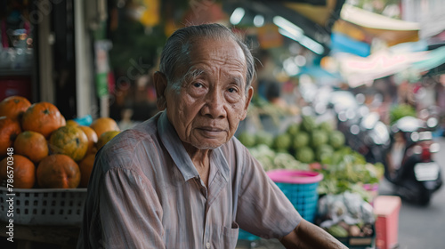 Elderly man with a contemplative expression sitting at a market stall, with fruits and daily life in the background.