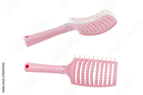 A pink plastic comb with a handle with transparent background