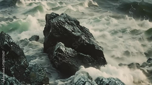 A large rock carefully balanced atop a calm body of water, creating a unique and captivating sight, Elevated capture of the seas restive dance around the edgy rocks photo
