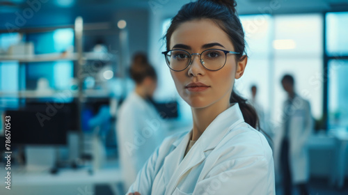 A woman wearing a white lab coat and glasses stands in front of a group of people