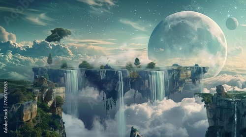surreal dreamscape with floating islands waterfalls and giant moon fantasy digital matte painting photo