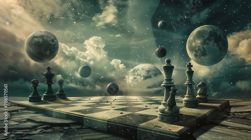 surreal dreamscape with a giant chess board and floating planets digital art composition
