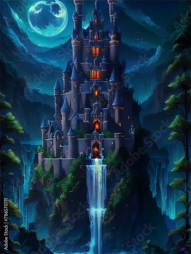 a castle with a waterfall in front of a full moon photo