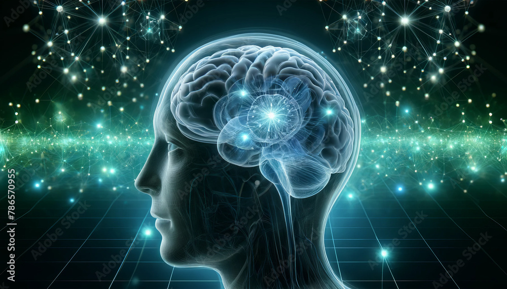 Human Brain and Neuronal Network Visualization in Blue Digital Concept