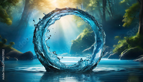 Circle frame made of water. World ocean day. Green plants. Fantasy scenery  Abstract image.