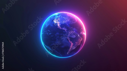 Neon earth globe. Digital 3d planet. World network internet futuristic illustration. The space of the metaverse is blue and purple. © Caterpillar