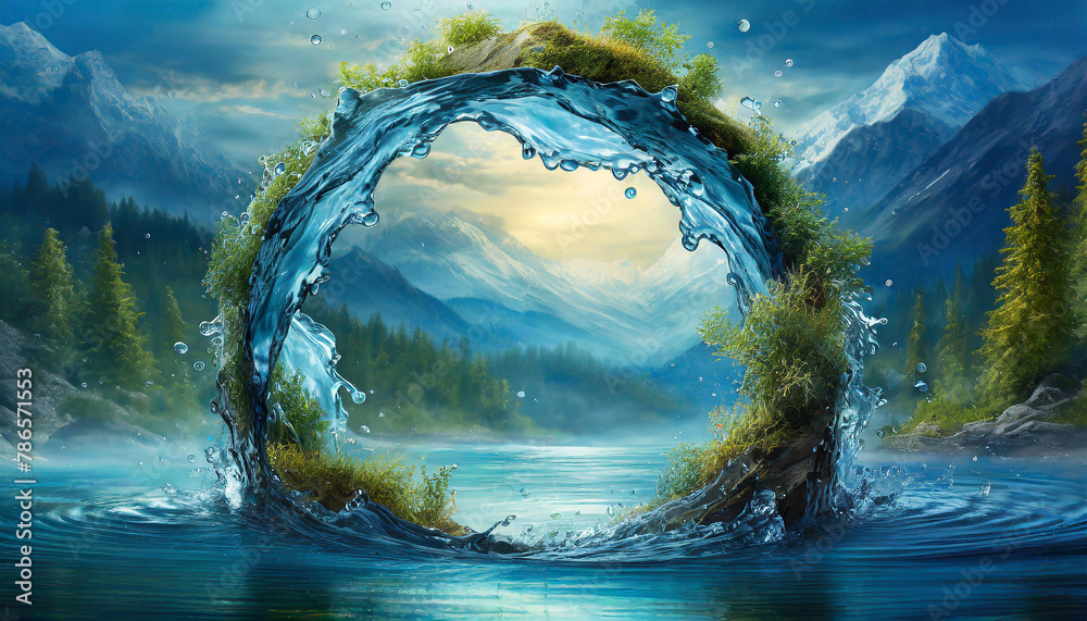 Fototapeta premium Circle frame made of water. World ocean day. Green plants. Fantasy scenery, Abstract image.