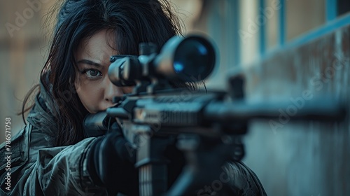 Pretty woman Sniper in ambush. Portrait of modern female soldier with rifle looking through scope. AI Generated