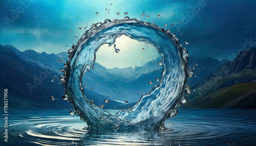 Circle frame made of water. World ocean day. Green plants. Fantasy scenery  Abstract image.