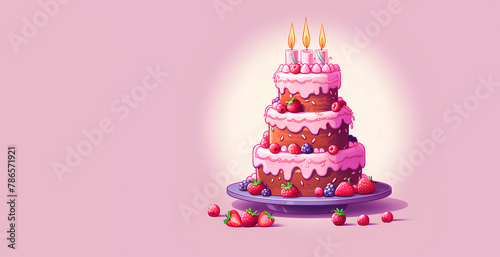 Pink pixel cake on pink background. Happy Birthday greeting card. Holiday concept