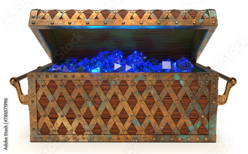 Old treasure chest. Antique wooden chest with blue gems and open half round top. 3d illustration on white background