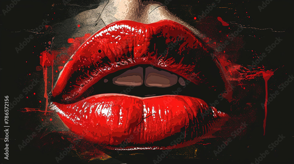 Beautiful Portrait of Woman Lips With Splashed Red Liquid Paint Color ...