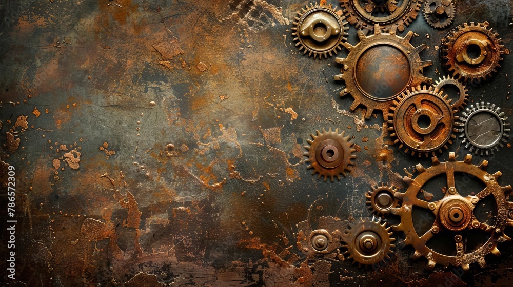 Naklejka premium vintage steampunk gears and cogs on a grunge metal background industrial machinery concept