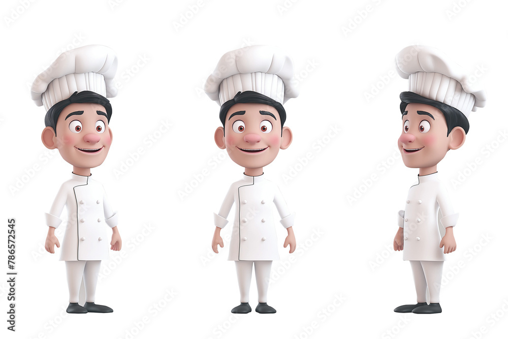 Set of 3D female smiling cartoon male chef wearing a white uniform. Different and various poses. Cartoon character, 3D avatar. Isolated and transparent image. png file. 