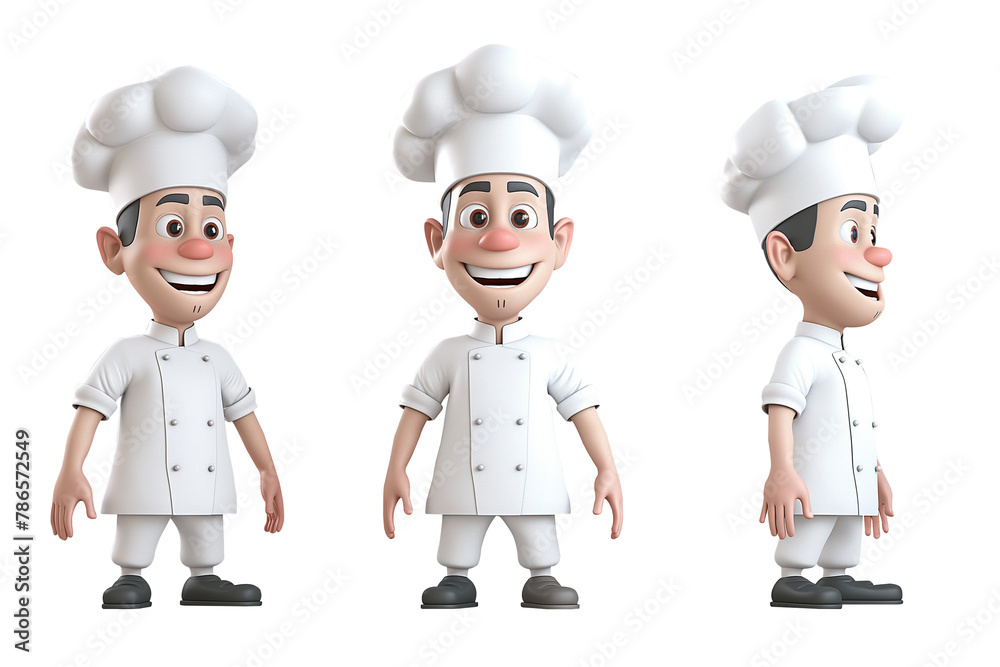 Set of 3D female smiling cartoon male chef wearing a white uniform. Different and various poses. Cartoon character, 3D avatar. Isolated and transparent image. png file. Set of 3D female smiling cartoon male chef wearing a white uniform. Different and various poses. Cartoon character, 3D avatar. Isolated and transparent image. png file.