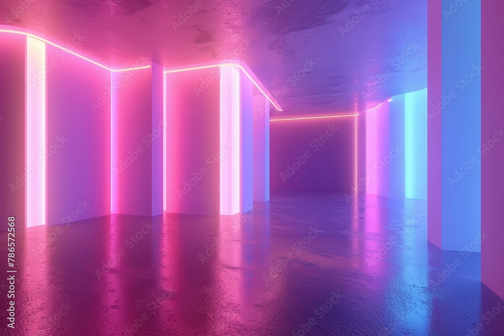 A neon pink and purple room with a blue light in the middle