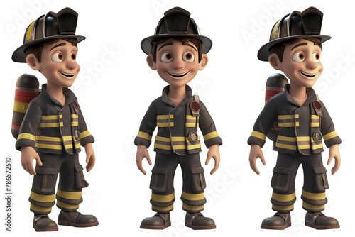 Set of 3D smiling, happy man, male firefighter in uniform. Different and various poses. Cartoon character, 3D avatar. Isolated and transparent image. png file.