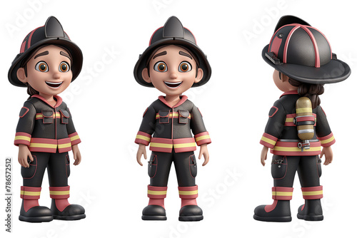 Set of 3D smiling, happy woman, female firefighter in uniform. Different and various poses. Cartoon character, 3D avatar. Isolated and transparent image. png file.