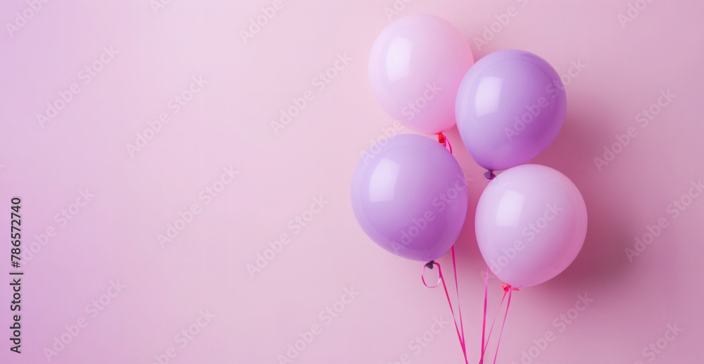 Pink and lilac balloons on a pink background, with space for text, Happy Birthday card