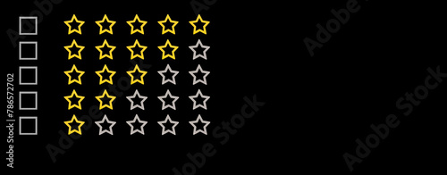 Gold, gray five stars shape on a black background. Rating stars with tick. Feedback evaluation. Rank quality. Banner.