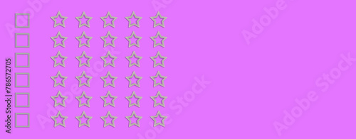 Gold, gray five stars shape on a purple background. Rating stars with tick. Feedback evaluation. Rank quality. Banner.