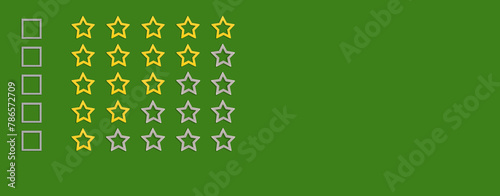 Gold, gray five stars shape on a green, background. Rating stars with tick. Feedback evaluation. Rank quality. Banner.