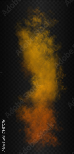 Vertical gradient yellow, orange and red colors fire smoke cloud. Vector realistic blaze, flame or flicker isolated on the semi transparent dark background