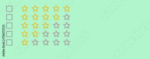 Gold, gray five stars shape on a green, background. Rating stars with tick. Feedback evaluation. Rank quality. Banner.