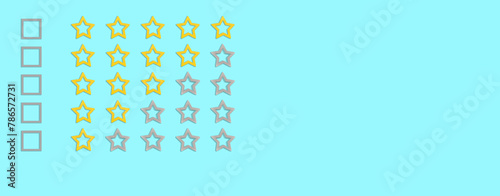 Gold, gray five stars shape on a blue background. Rating stars with tick. Feedback evaluation. Rank quality. Banner.