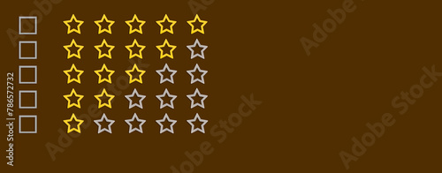 Gold, gray five stars shape on a brown background. Rating stars with tick. Feedback evaluation. Rank quality. Banner.