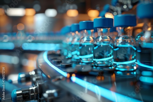 A row of blue bottles with blue lids on a conveyor belt