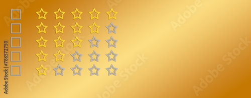 Gold, gray five stars shape on a gradient background. Rating stars with tick. Feedback evaluation. Rank quality. Banner.