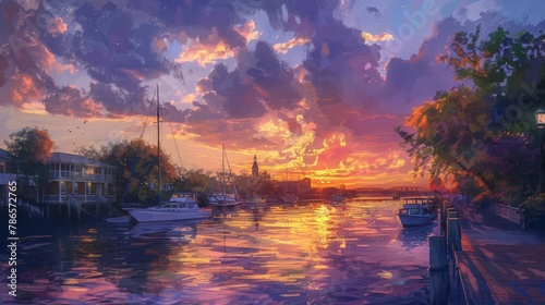 wilmington north carolina usa riverwalk at sunset with boats and colorful sky digital painting photo