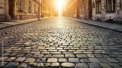 stone paved road on a deserted city street urban background with copy space for text or design