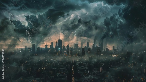 stormy weather over city skyline dark clouds and lightning apocalyptic cityscape digital painting
