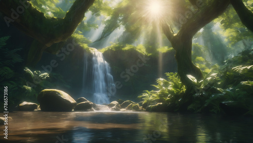 A serene image of a hidden waterfall in a lush forest, with sunlight filtering through the canopy ULTRA HD 8K
