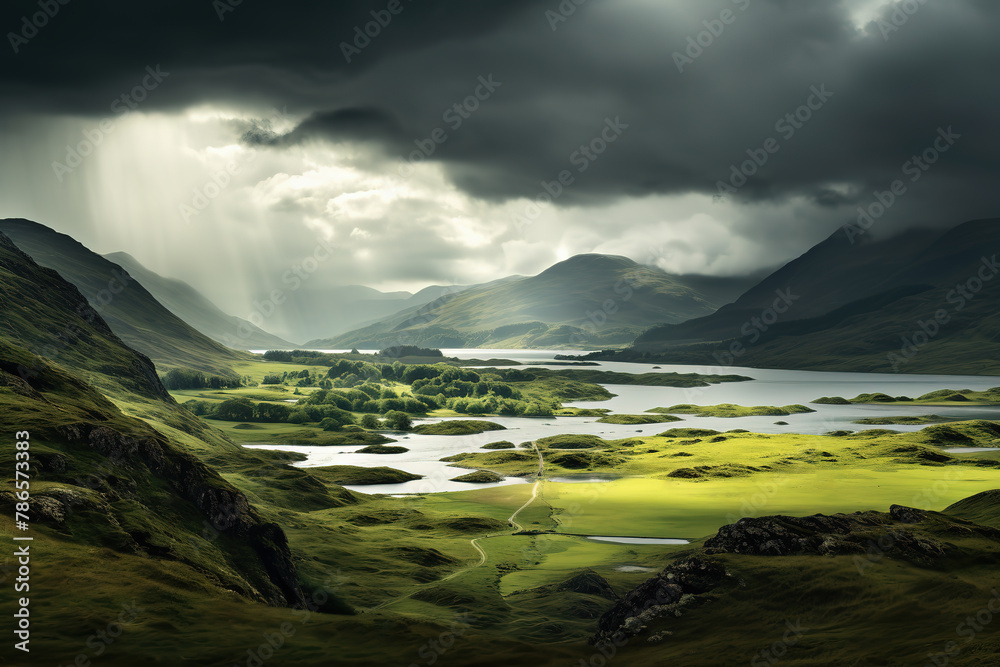 Green valley with river under dark cloudy sky