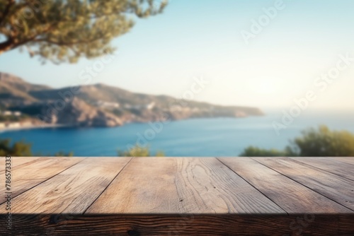 Wooden empty pier on the lake. Blank table top in front, blurred beautiful island and sea. Summer vacation travel banner © SD Danver