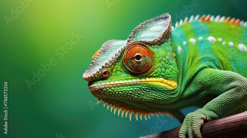 Chameleon on a branch  green empty background