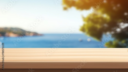 Empty table top in front, blurred summer Greece background. Summer vacation banner with empty space. Blank table counter for advertising product © SD Danver