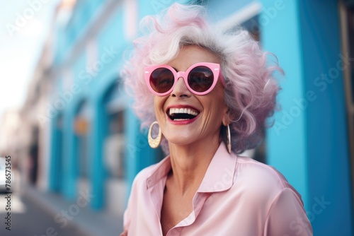 Happy mature woman with pink hair face portrait. Stylish businesswoman face  © SD Danver