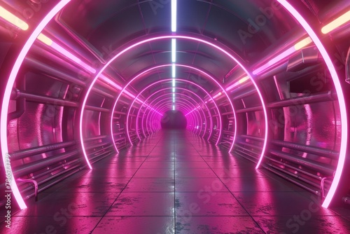 A neon pink tunnel with a bright blue light in the middle