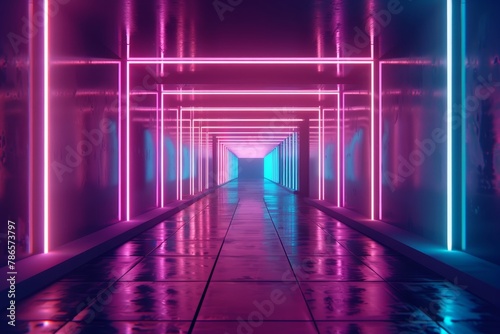 A neon colored tunnel with a blue and pink light